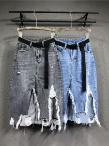 High Waist A-Line Mini Skirt Womens Denim Hollow out Slit Mid-Length Slimming Bodycon Skirt Street Style Cotton Blend