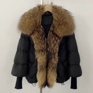 Puffer Coat Women Knit Sleeve Real Fur Coat New Winter Large Real Raccoon Fur White Duck Down Jacket Oversized Feather Parka