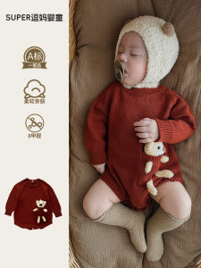 Adorable Knitted Bear Design Baby Bodysuit Autumn Winter Infant Clothes Super Cute 3D Bear Baby Boy Outfit Cotton Elastic Fiber