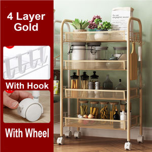 4 Layer Kitchen Removable Small Trolley Storage Shelf Storage Rack Shelf Bedroom Removable Bathroom Storage Shelf(with Wheel  Free Hook)