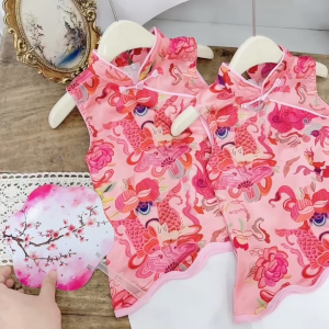Set quần áo trung thu bé gái Keyer Kid chất lụa gấm mềm họa tiết hoa đáng yêu + kèm quạt SN01