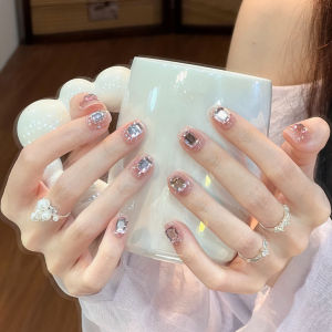 Handmade Short Square round Pink Nail Stickers Original Color Sugar Cube Design Premium Feeling White Enhancing Nail Art