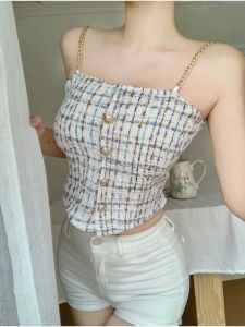 Spicy Girl French Style One Shoulder Chain Strap Vest Women Summer with Chest Pad Tube Top Outerwear Fishbone Top