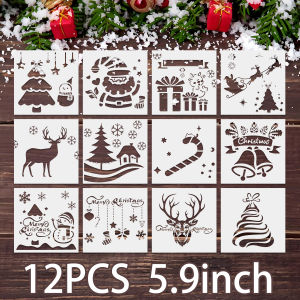 12PCS 5.9inch Christmas Painting Stencils Set for DIY Crafts Fabric Wood Glass Wall Decoration Templates