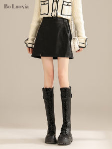 Black Mini A-Line Skirt Womens High Waist Slimming PU Short Skirt Commute Style Asymmetric Korean Version Half-length Skirt