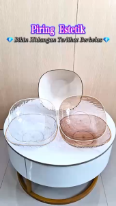 YESALL Piring Saji Besar Bulat 24cm Ripple Transparan Mewah Pinggiran Emas – Untuk Lauk Buah Salad Dessert Camilan Sharing Keluarga Estetik PET Food Grade