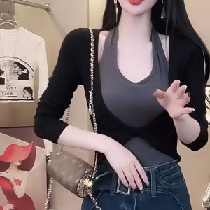 Áo Thun Nữ Tay Dài Ngắn Cổ Treo Thiết Kế Mới Mùa Thu Nhỏ Gọn Phong Cách Hàn Quốc Tay Dài Cotton Thường Ngày