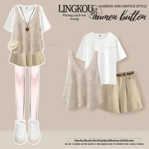 NUMEN BUTTON | Bộ 3 Món Giảm Cân Elegance Cho Phụ Nữ Áo Thun Kẻ Sọc Quần Short