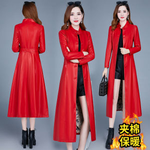 Autumn and Winter Long Leather Coat for Women Fashion Stand Collar Winter New Arrival Cotton and Thickening Mother Wear Haining Style Fur Coat Outwear