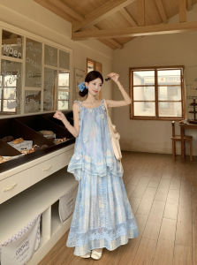 Kumikumi Sweet Style 3D Flower Print Halter Vest Top And Lace Half Skirt Two Piece Set Womens Summer Slimming Dyed Outfit