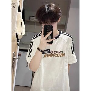 Pure Cotton Heavyweight American Hip Hop Trendy Brand round Neck Striped Three Bars Short Sleeve Loose Fit Summer T-Shirt for Men