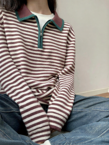 NIHAOKANONG | Áo Sweater Vintage Sọc Cổ Trụ Dễ Thương Rộng Rãi Cho Phụ Nữ Mùa Xuân