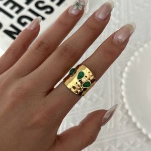 Stainless Steel Natural Stone Green Turquoise Malachite Ring For Women Bohemian Stylish Finger Ring Party Vacation Jewelry