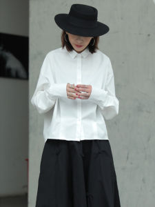 Loose Womens Shirt Black White Design Dark Style Gathered Waist Cotton Long Sleeve Polo Collar Button up Autumn Winter New Style