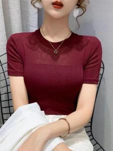 Áo Thun Cổ Tròn Tay Ngắn Ôm Vừa Vặn Mùa Hè 2024 Pure Color Mesh Lace Thời Trang Đa Năng Áo Thun Ngắn Tay Thời Trang