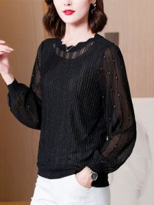 Black Lace Base Shirt Womens Fashionable Mom 2025 Spring Autumn New Belly Cover Long Sleeve Mesh Top Elegant Commute Style Loose Fit