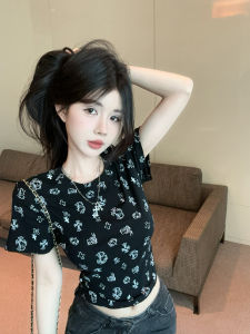GUZILIAN | American Retro Cat Print Short Sleeve T-Shirt Womens Summer Slimming Versatile Short Shoulder Top Korean Style Commute Fashion
