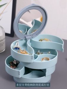 Tempat Perhiasan 4 Tingkat Jewelry Box Aksesoris Putar Bulat dengan Kaca Kotak Penyimpanan Emas Praktis