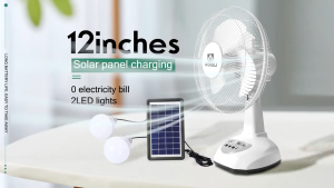[Free shipping]solar electric fan with charger stand fan or desk or wall fan rechargeable solar fan 18/16/14/12 Inch with 2 bulb solar panel DC 220v AC charging fan emergency light waterproof IP67 continuous work for 48 hours