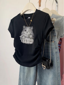 Áo Thun Cotton Tay Ngắn Mùa Hè Cho Nữ Dáng Ôm Vừa Vặn in Hình Mèo Dễ Thương Cổ Tròn Tay Ngắn Chất Liệu Cotton Nguyên Chất