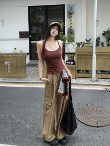 VKSOD | Retro Korean Loose Drapey Work Pants Crop Top Set Summer 2025 Womens Three-piece Set Drawstring Casual Style All Gender