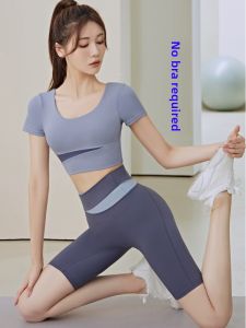 High Waist Short Sleeve Yoga Suit Womens Fitness Sport Set Autumn Cored out Short Peach Color Block Slimming Quick Dry Yoga Clothes