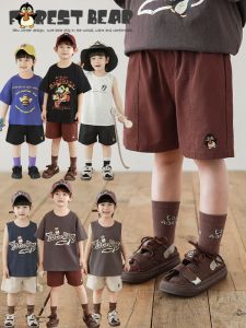 Quần Short Trẻ Em Mùa Hè Thoáng Khí Thoải Mái Cho Bé Trai Quần Dài Năm Inch Thêu Hình Chú Penguin Quần Cotton Thoáng Khí