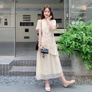 YINLUOYA | New Chinese Style Gentlewoman Summer Dress Slimming Waist High Waist A-Line Skirt Short Sleeve Print Casual Elegant Dress