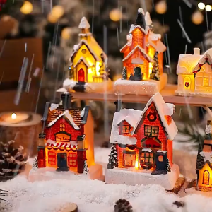 Christmas Resin Village Houses LED Light Small House Christmas Town Scene Luminous Lamp Christmas Decorations Xmas Gifts