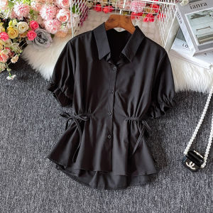 เสื้อเชิ้ตผู้หญิงหลวมสไตล์เกาหลี 2023 ปีกผีเสื้อ รัดเอว คลุมหน้าท้อง เสื้อเชิ้ตกระชับสัดส่วน แขนสั้น ปกโปโล ฤดูร้อน 2023