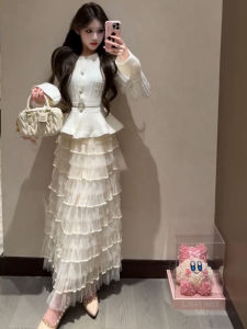 Autumn Fashion High Waist Slimming Knitted Top And Mesh Skirt Womens Ensemble Elegant French Style Cake Skirt Button Closure