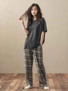 me home wear | Cotton Short Sleeve Long Pants Pajama Set