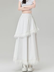 White Lace Splice Cake Style High Waist Elastic Womens Skirt Summer Loose Drapey A-Line Midi Skirt Korean Style Commute