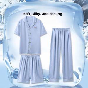 MiiOW | Catman Summer Sleepwear Ice Silk Loose Casual Short Sleeve Three Piece Set Mens Home Clothes Comfortable Breathable Lightweight