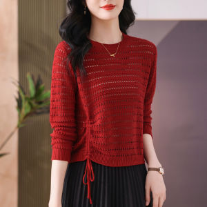 Womens Short Sleeveless T-shirt Knitted Hollow out Long Sleeve Drawstring Base Shirt Early Spring Fashion 2025 New Style for Skirts