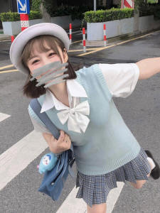 หวาน สไตล์คอวีถัก เสื้อกั๊ก ชุดนักเรียน Jk ชุด ผู้หญิง Pull Over เสื้อสเวตเตอร์ สีบริสุทธิ์ ฤดูใบไม้ร่วง สวมใส่แบรนด์จีน