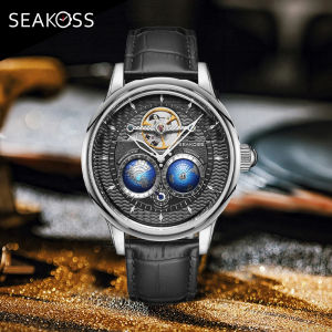SEAKOSS Mens Mechanical Watch Automatic Movement Clock Male 3D Dual Earth Rotating Waterproof Pilots 1963 Flywheel Wristwatches