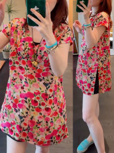 Shalldoer | Fashionable Short Sleeve Shirt Womens Vintage Print Top Elegant Design Casual Style Baitou Sleeve Polo Neck Regular Length