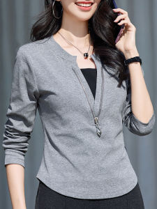 Zipper Splice V-neck Long Sleeve Womens T-shirt Inner Wear Outer Wear Base Shirt Trendy Commute Style Korean Version Slim Fit