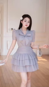 Váy ngắn chiết eo dáng xoè nhiều tầng thắt nơ ở cổ thanh lịch NEWFASHION99