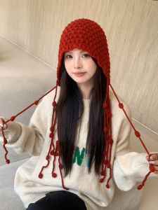 Fashionable Hand-Knitted Tassel Ball Yarn Hat Womens Warm Ear Protection Knitted Hat Large Head Cover Overhead Hat