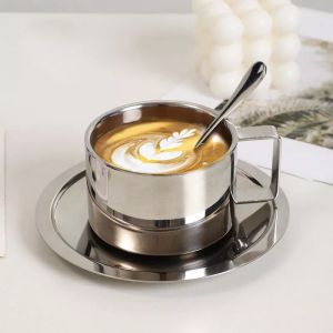 Bộ Cốc Đĩa Thìa 200ML Uống Trà Cà Phê 2 Lớp Cách Nhiệt Inox 304 có Quai Cầm Phong Cách Châu Âu Sang Trọng