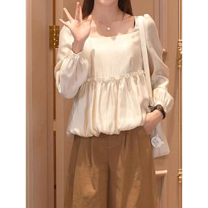 plus Size Womens Long Sleeve Square Collar Shirt Back Large Bow Tie Fashion Versatile Fat Sister Top Commute Korean Style Loose Fit