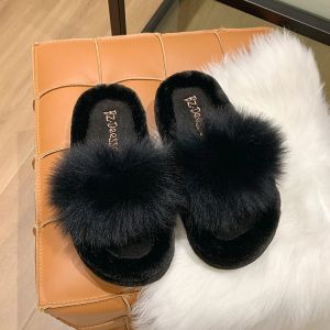 Thick Sole Fluffy Slippers Women Outwear Fall 2024 New Arrival Fancy Fashion Real Fox Fur Word Cotton Slippers