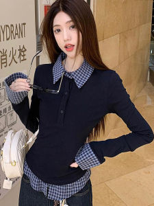 Slim Fit Polo Neck Two Piece Fake Base Shirt Women Winter New Fashion Design Casual Style Long Sleeve Printed T-Shirt for Girls