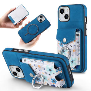 Magnetic Wallet iPhone 13 14 15 16 Pro Max Leather Case Cover Floral Card Holder Ring Stand iPhone 14 15 16 Plus Casing Full Body Shockproof Protective Case with Raised Bezel