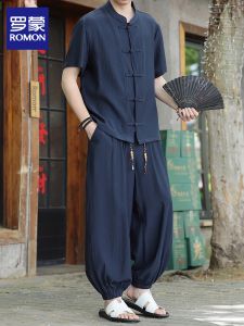 ROMON | Chinese Style Short Sleeve Summer Casual Two Piece Set
