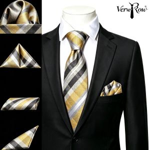 VerveRow Yellow Plaid Tie And Pocket Square Set Formal Business Wedding Outfit Soft Woven Fabric Elegant Men Accessory 2 Pieces