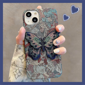 Retro Embroidered Butterfly Phone Case for  15 pro Max Womens Half Cover Protective Shell Creative Design Anti-Fall