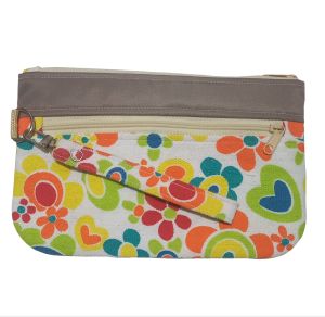 Colorful pouches with floral and heart patterns featuring multiple zippered compartments and wrist straps.